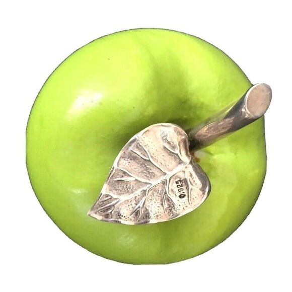 Green Apple Figurine Paper-mache with Sterling Silver Leaf Russian Vintage Decor - Picture 4 of 7
